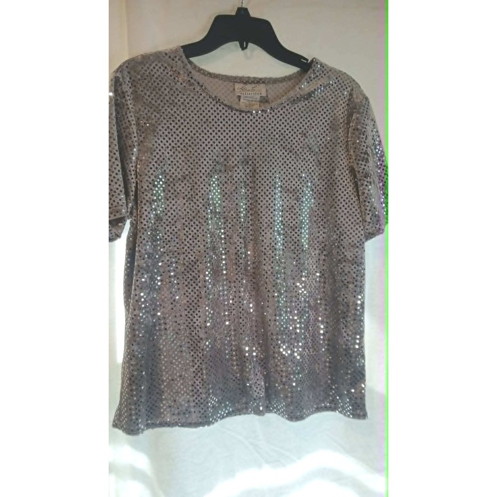 Vintage Kathie Lee Silver Velvet Sequin Top Y2K Short Sleeve KLNWLJ Large